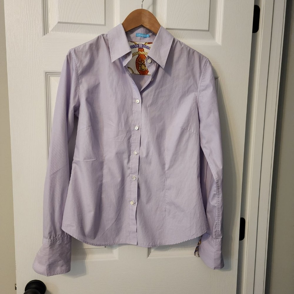 J. McLaughlin Purple Thin White Stripe Button Down Shirt with Silk cuffs Size 8 - Picture 3 of 14